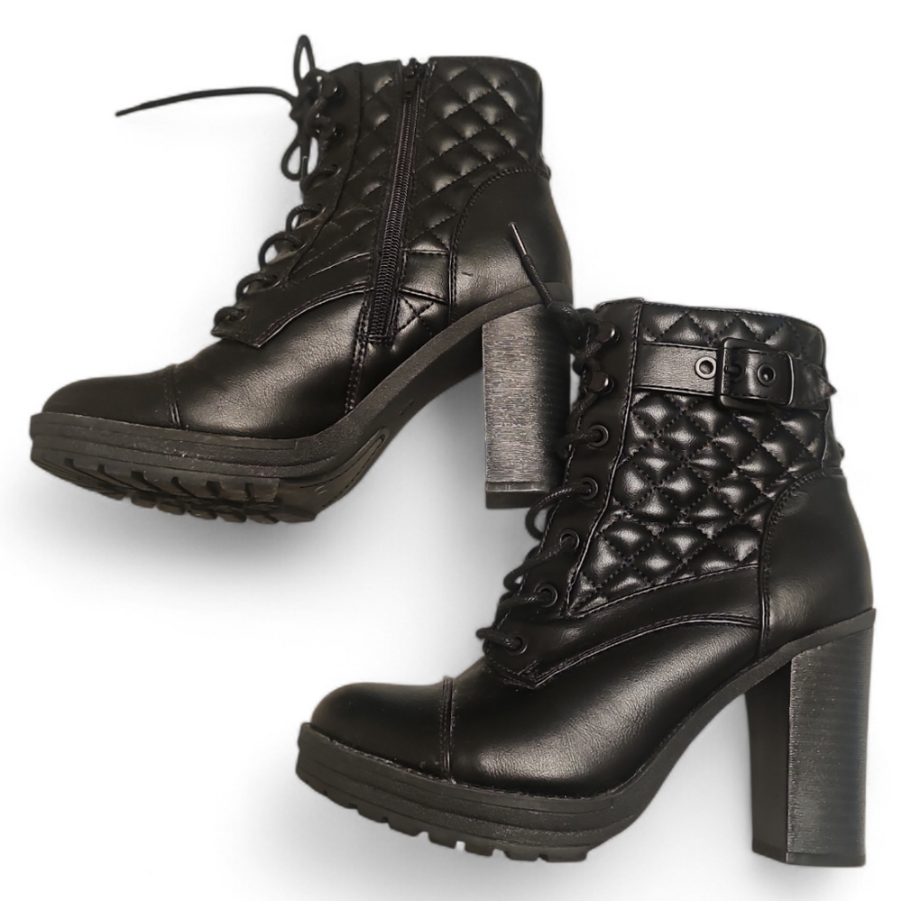 G by Guess Punk Combat Platform Quilted Lace-up Chunky Heel Ankle Boots Size:7
